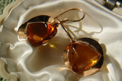 Oro rosa de plata soviético ruso chapado en oro 925 Pendientes de ámbar veab006